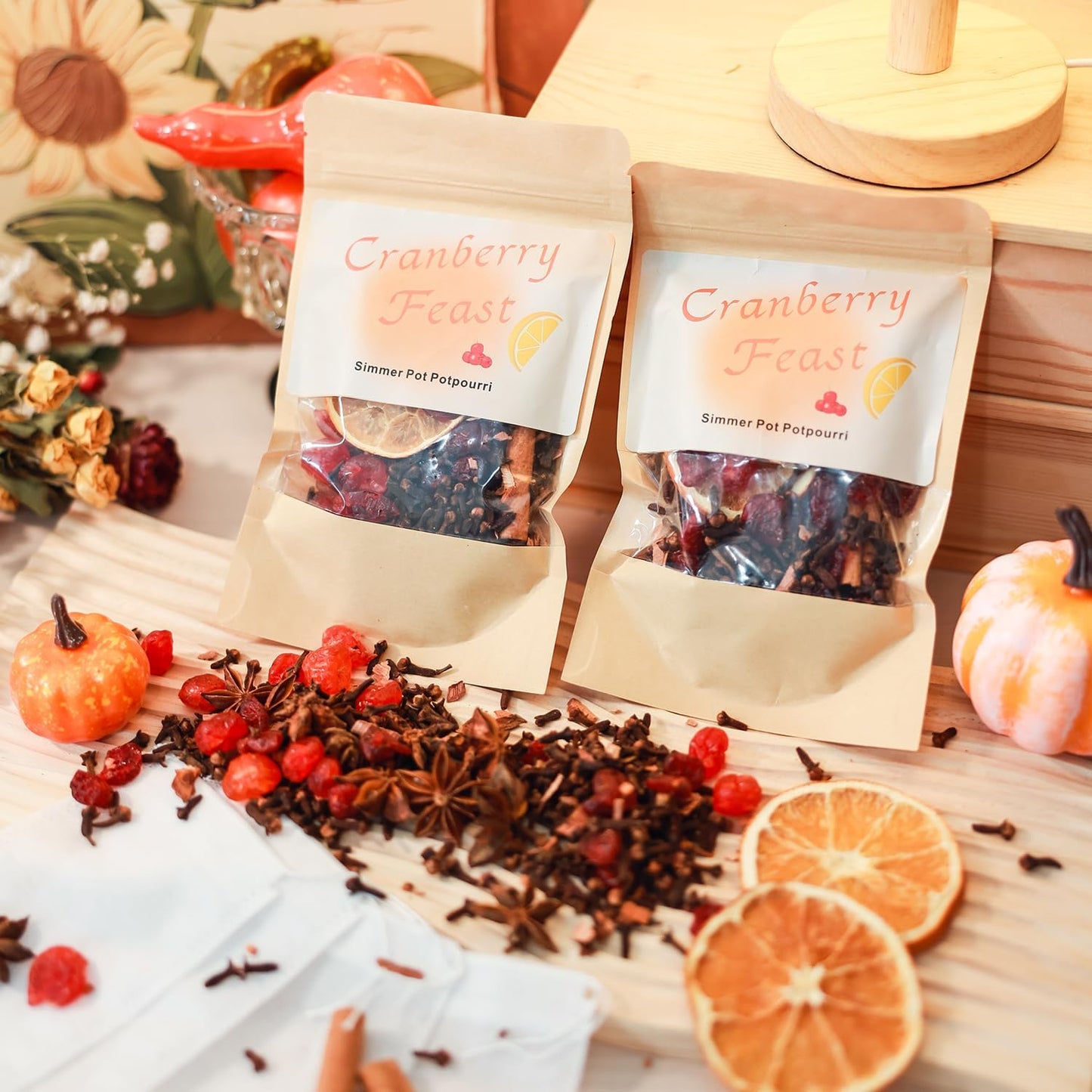 Cranberry Feast Stovetop Potpourri Kit - Natural Home Fragrance Simmer Pot with Dried Orange Slices, Whole Cranberries, Cinnamon Sticks, Cloves & Cedar Wood - Cozy Autumn & Holiday Scent