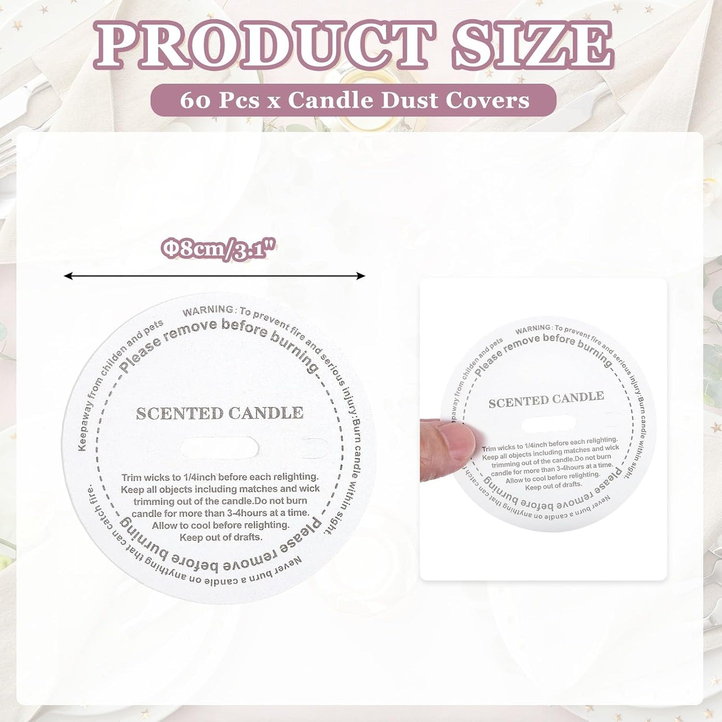 MECCANIXITY 60 Pcs Candle Dust Covers, 8cm/3.1" Round Printed Translucent Candles Drip Protectors Lid Accessories Letter Pattern for Craft Fragrance Making Jars Boxes Packaging