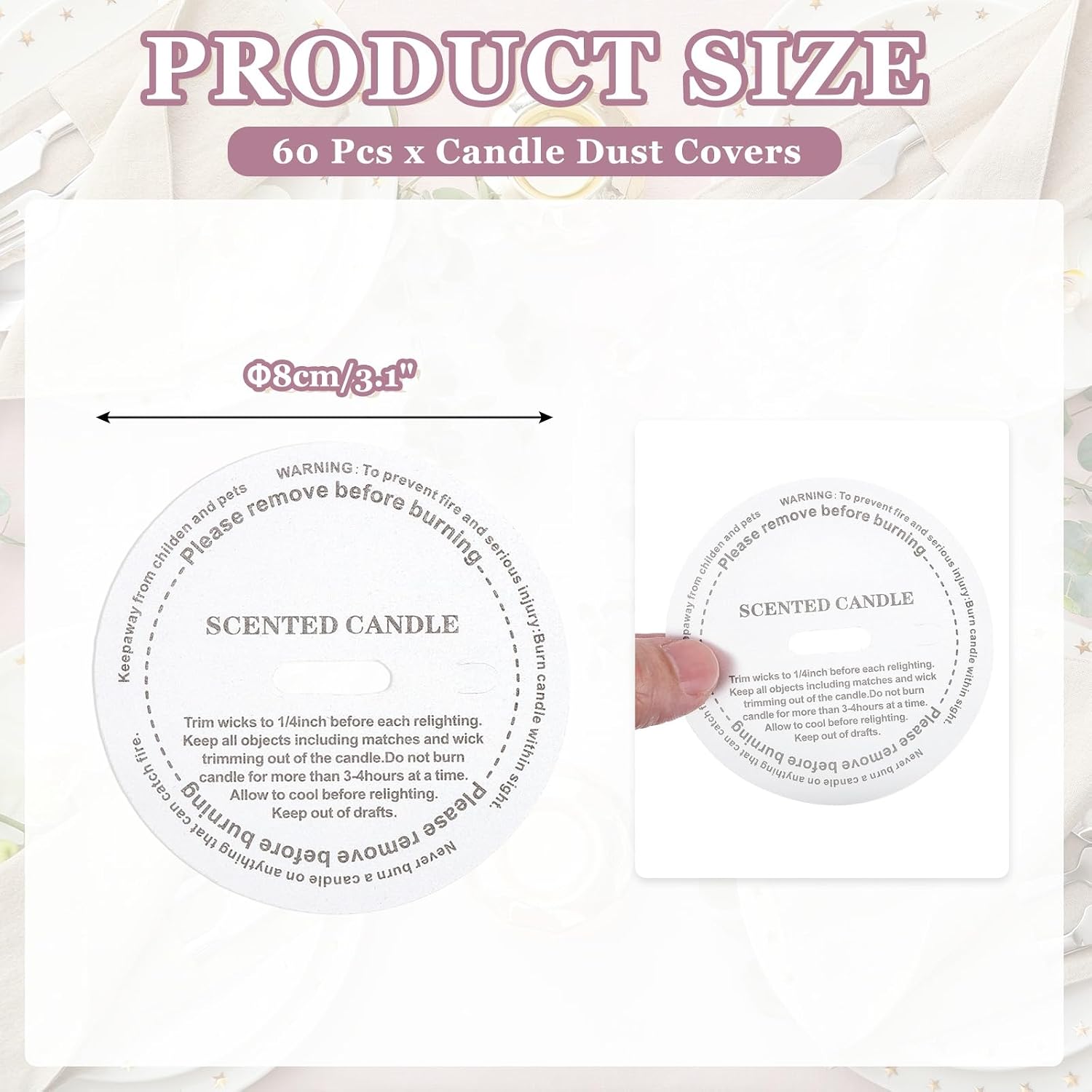 MECCANIXITY 60 Pcs Candle Dust Covers, 8cm/3.1" Round Printed Translucent Candles Drip Protectors Lid Accessories Letter Pattern for Craft Fragrance Making Jars Boxes Packaging