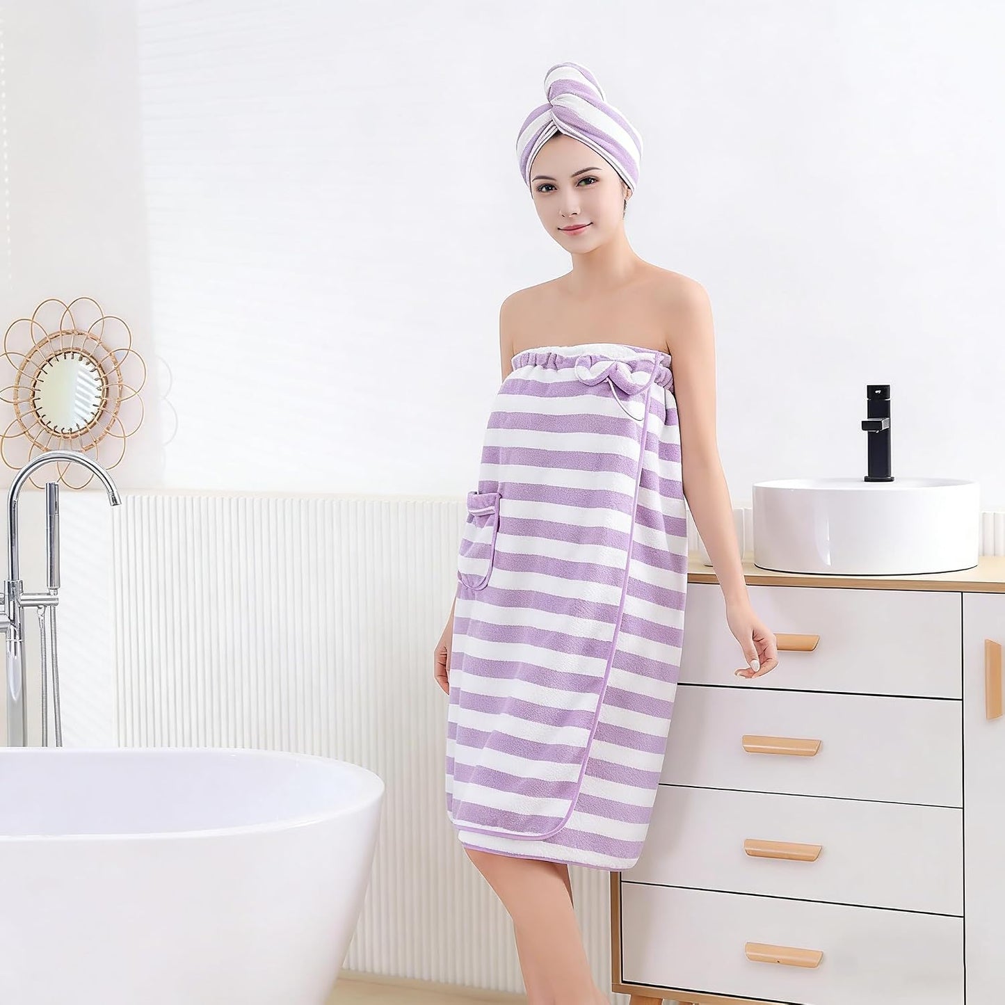 Towel Wrap for Women with Hair Towel, Adjustable Plush Absorbent Shower Spa Bath Wrap + Hair Drying Towel Sets (Purple/White, Medium)