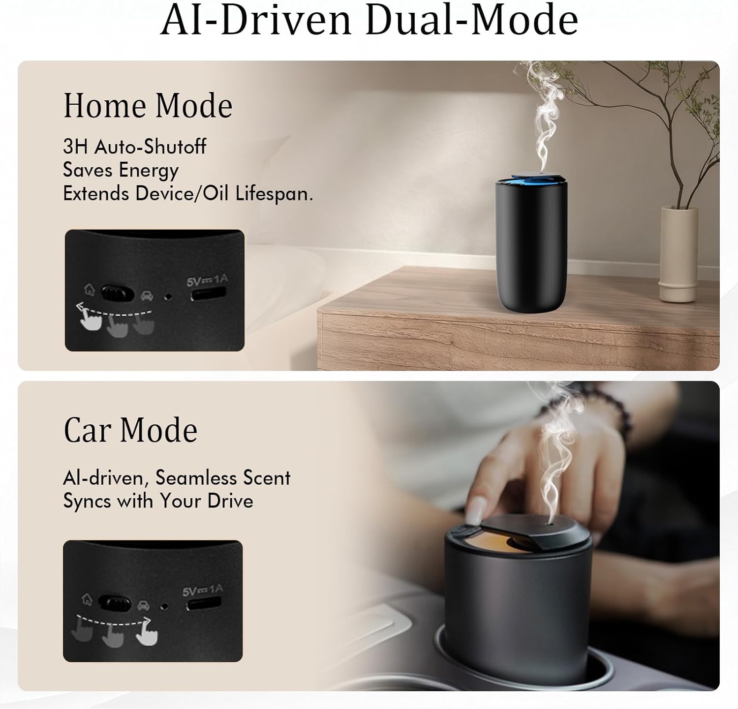 Waterless Car Essential Oil Diffuser, Premium Aluminum Alloy Cold-Air Atomizing Scent Machine Aromatherapy for Home/Office, Rechargeable, Smart Vibration Sensor, 3 Ambient Lights, Mess-Free - Titanium