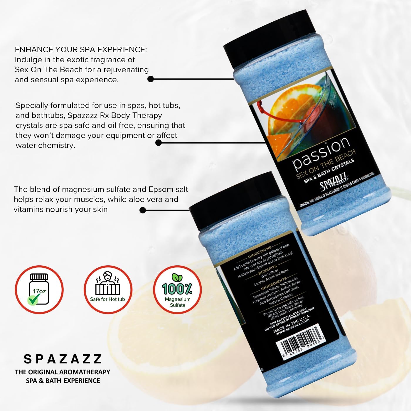 Spazazz Aromatherapy Spa & Hot Tub Bath Salt Crystals – 17 oz Set The Mood Sex On The Beach - Passion – Magnesium Sulfate Mineral & Epsom Salt and Bath Salt Scents & Fragrances
