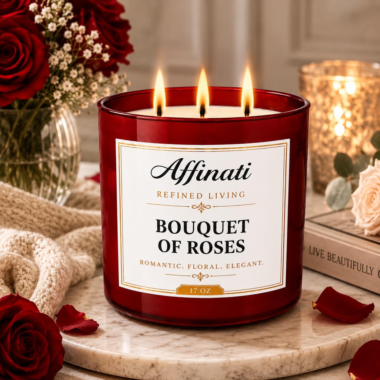 Affinati Bouquet of Roses 3 Wick Scented Candle – Large Soy Blend Candle, Strong Scent Throw Fresh Floral Bouquet Aromatherapy Candles, Premium Elegant Gift for Women