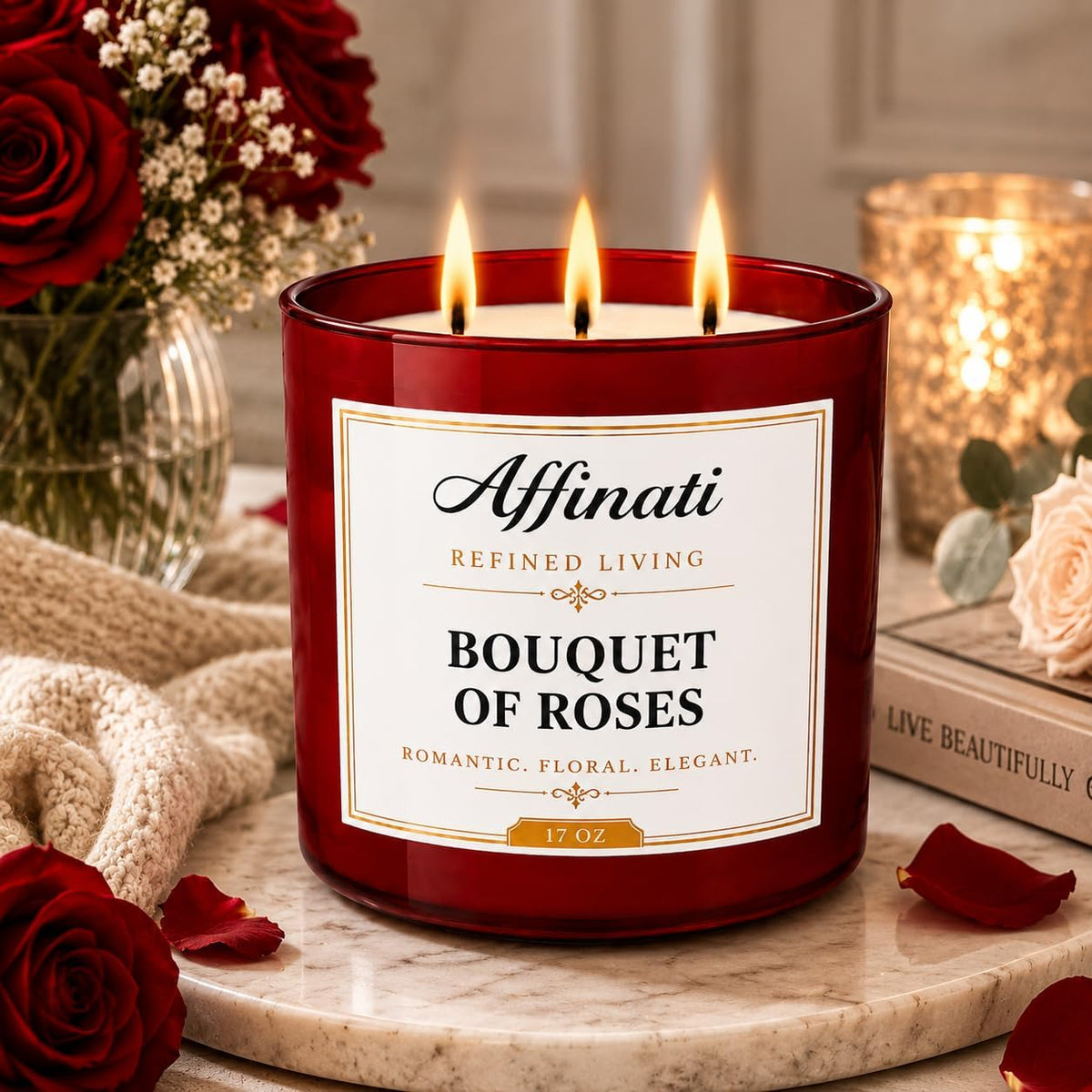 Affinati Bouquet of Roses 17 oz 3-Wick Luxury Soy Blend Candle