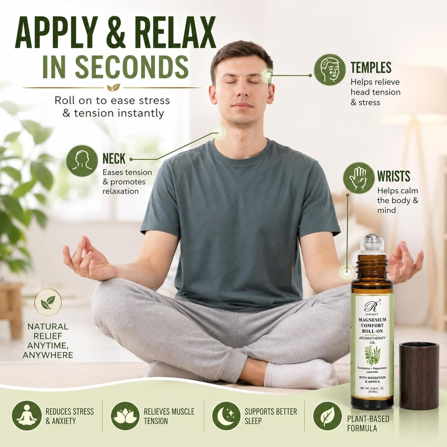 Migraine Relief Roll-On for Headache Relief with Magnesium & Arnica – Peppermint, Lavender & Eucalyptus Essential Oils – Cooling Aromatherapy Oil for Stress, Tension & Sinus Support – 10ml