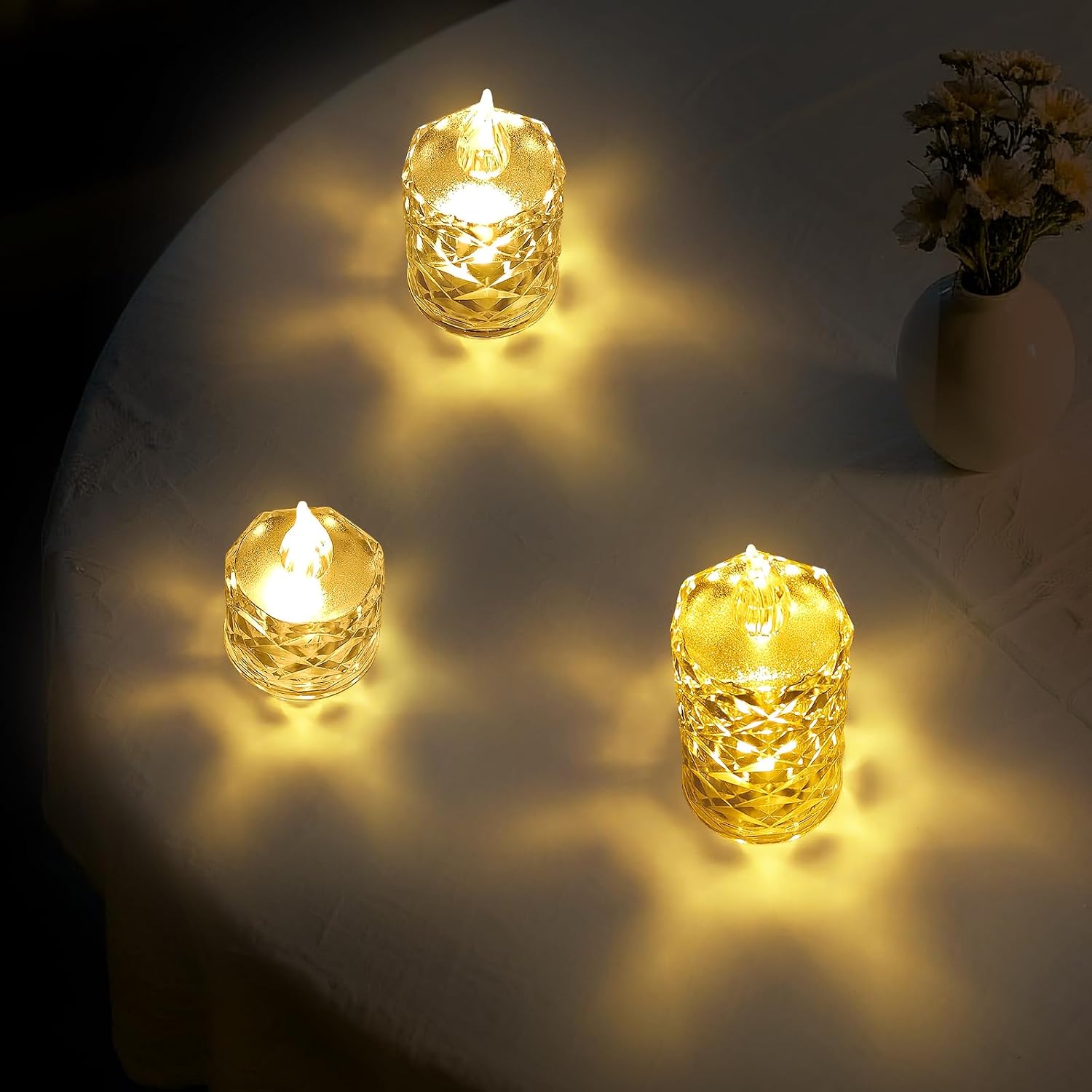 24pcs Flameless Candle Battery Operatted, Led Crystal Candle Lights, 100+Hours Fake Electeic Tealight Candles for Votive Valentines Anniversary Wedding Christmas Table Decorations