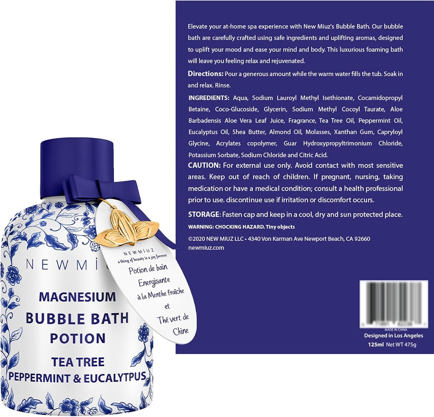 Magnesium Bubble Bath Long Lasting Foam for Sore Muscles Recovery Tea Tree Peppermint Eucalyptus Relaxing Stress Relief Calming Self Care Spa Gift