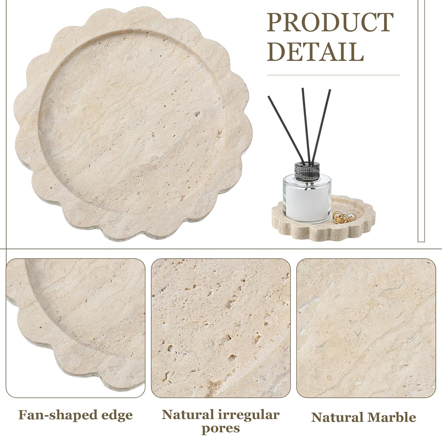 Threehoney 5.5 Inch Small Travertine Stone Tray Marble Jewelry Dish Trinket Tray for Women, Perfume, Coffee Table(Round,Scallop)