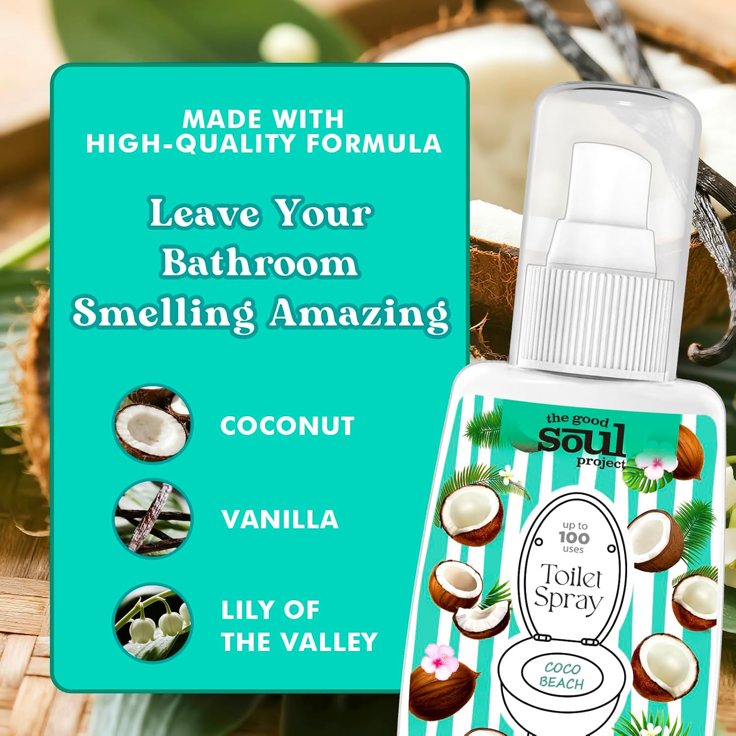 THE GOOD SOUL PROJECT Toilet Spray, Coco Beach, Bathroom Odor Eliminator, Travel Size Air Freshener Spray, 2 Fl.Oz(2 Pack)