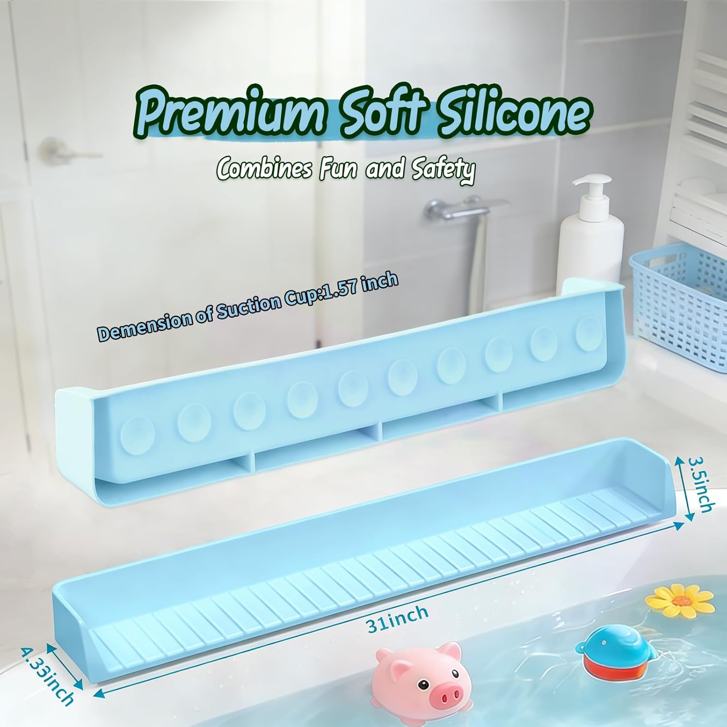 Bathtub Splash Guard for tub Kids& Bath Shelf for Kids – Toddler Bath Tray, Bath Toys Storage & Ledge Organizer – Splash Guard for Bathtub with Suction Cups – Kids Bathroom Accessories(2.6FT, Blue)