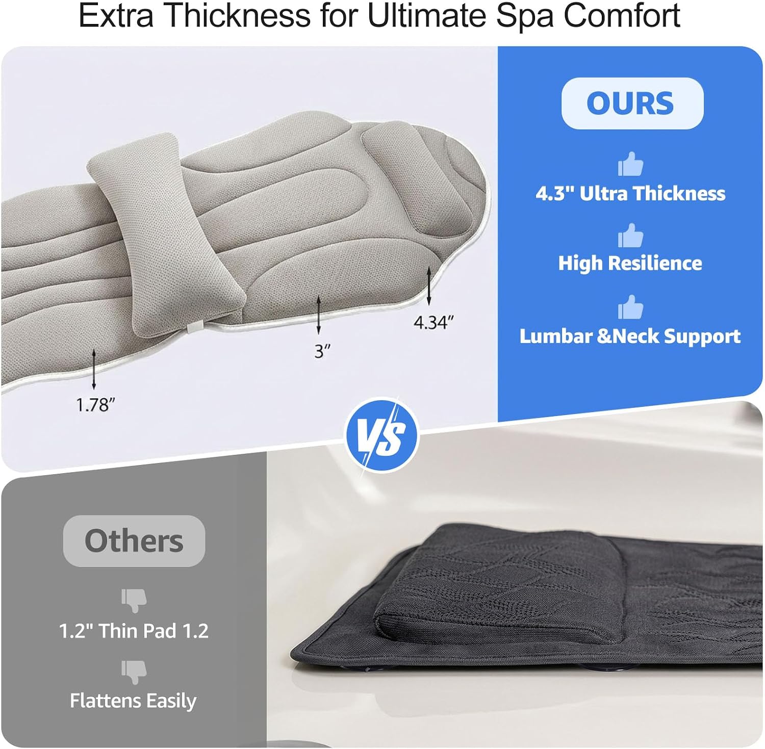 Full Body Bath Pillow for Bathtub, Thick 5D Air Mesh Luxury Spa Tub Cushion with Adjustable Lumbar Support, Extra Long Bathtub Pillow for Head and Neck Back, 192 Non-Slip Suction Cups, Gray, 56" x 19"