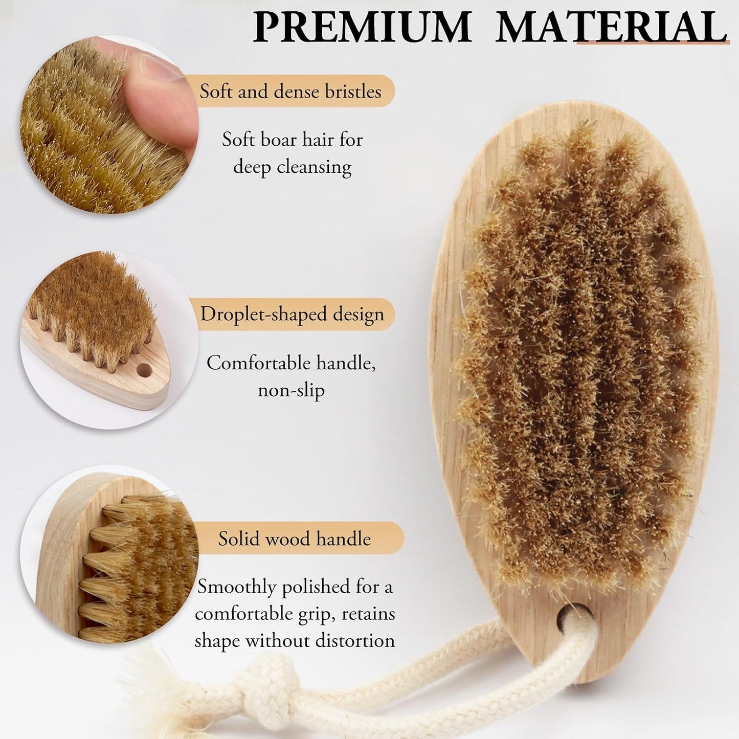 Droplet-Shaped Boar Bristle Brush, Dry Body Scrubber Brush with Soft & Dense Bristles, Exfoliates and Softens, for All Skin Types
