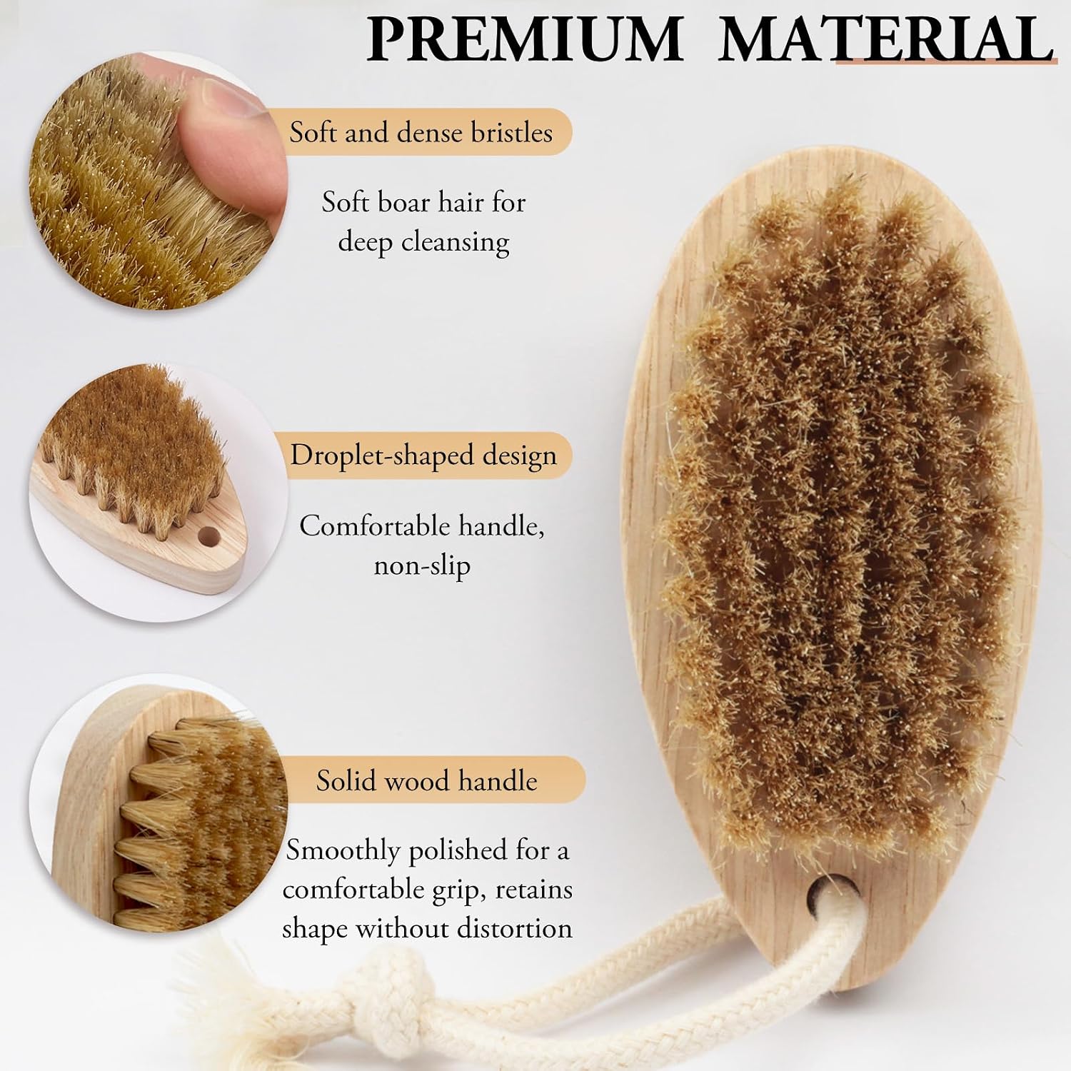 Droplet-Shaped Boar Bristle Brush, Dry Body Scrubber Brush with Soft & Dense Bristles, Exfoliates and Softens, for All Skin Types