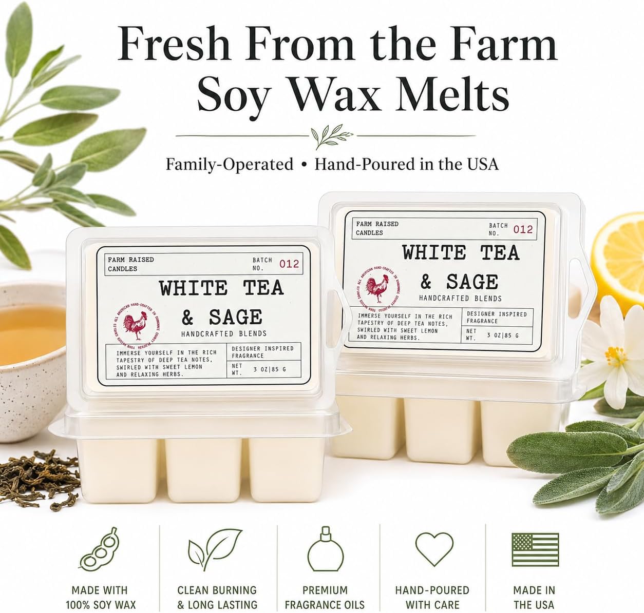 White Tea & Sage - USA Made Soy Wax Melts, 2 Pack, 6 oz | 2 clamshells, 6 oz total, 12 cubes • clean resort spa scent • USA-grown soy wax