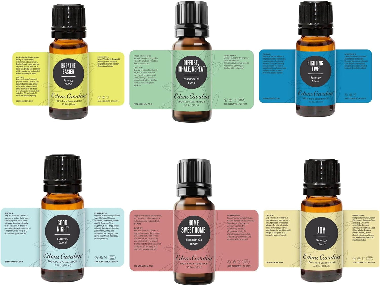 Edens Garden Top Essential Oil Blends 6 Set – 100% Pure Therapeutic Grade, Undiluted Natural Aromatherapy Oils for Diffusers & Home – Includes Fighting Five, Good Night & Joy, 10 ml/ 6 Pack