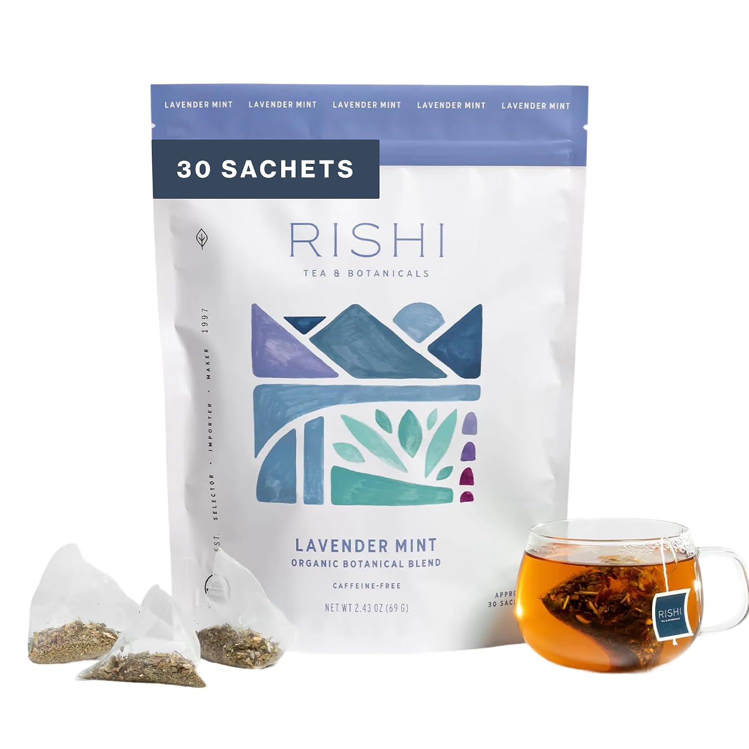 Rishi Tea Lavender Mint Herbal Tea - Organic, Caffeine Free Sachet Bags, Calming Lavender with Peppermint & Sage - 30 Count