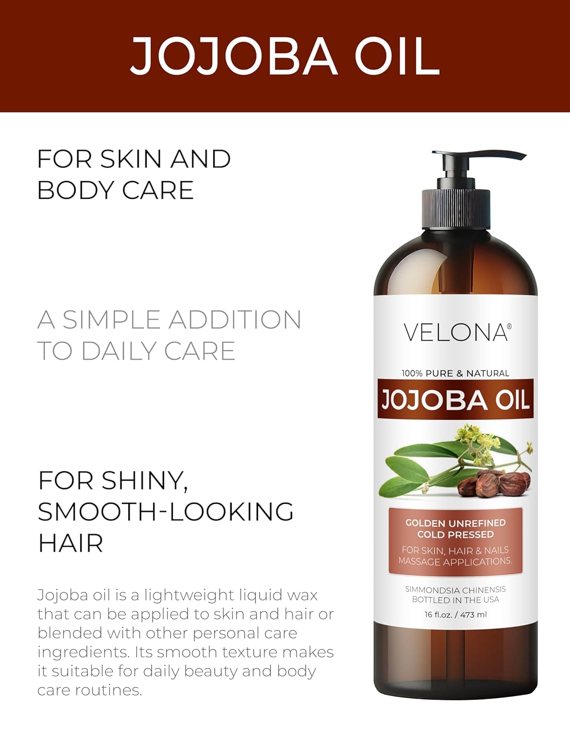 velona Jojoba Oil - 16 fl oz (With Pump) | 100% Pure and Natural | Golden, Unrefined, Cold Pressed, Hexane Free | Moisturizing Face, Hair, Body, Skin Care