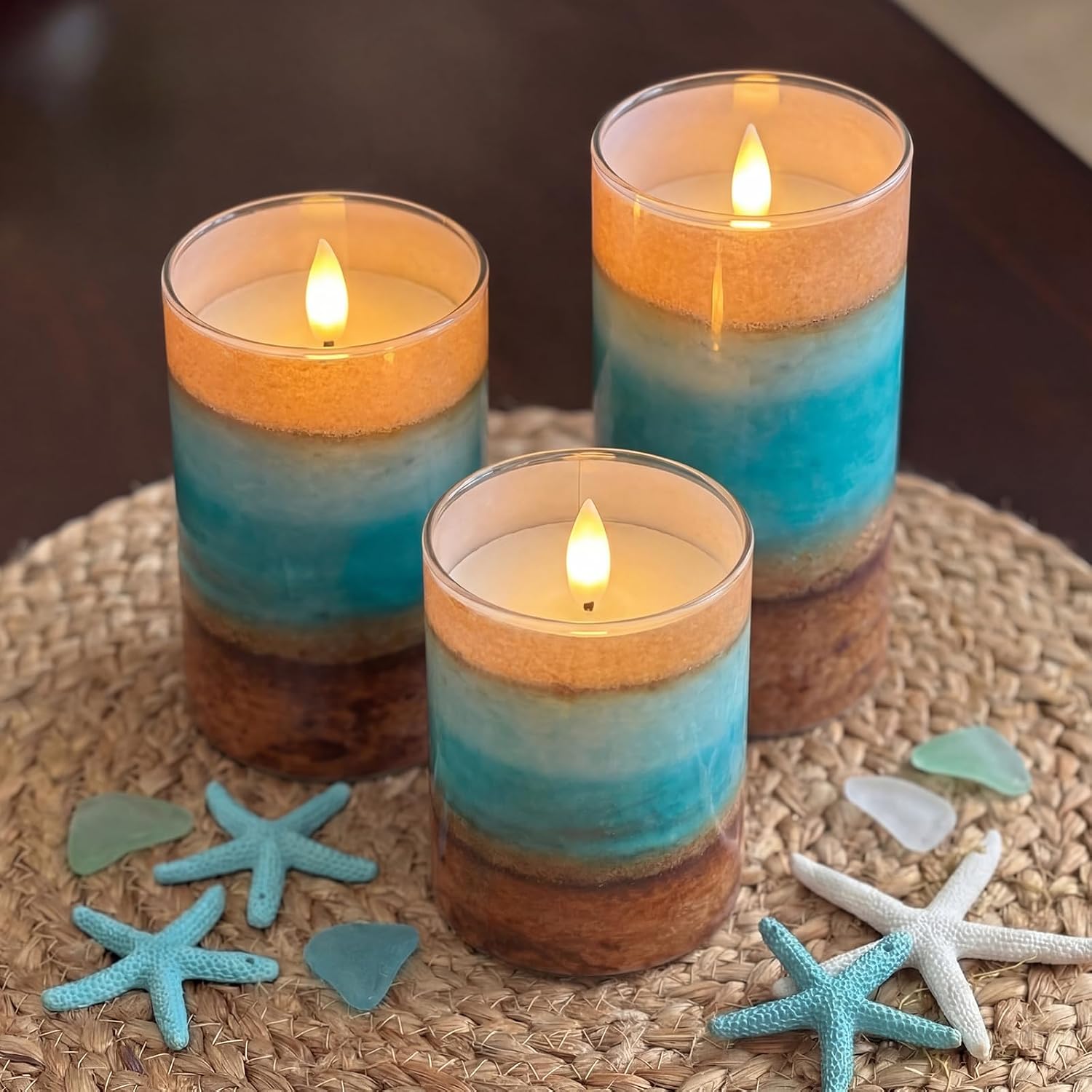 Tujoe 3 Pcs Summer Ocean Flameless Candles Teal Beach LED Battery Pillar Candles Set Battery Operated Coastal Nautical Decorations Flickering Gifts with Remote Decorations for Holiday