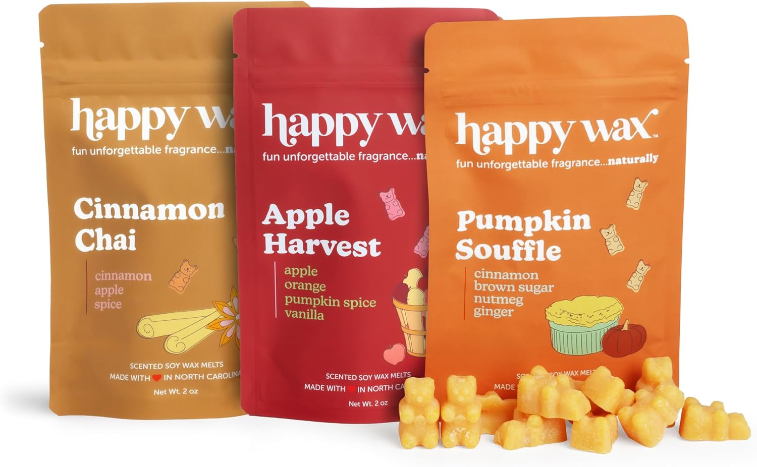 Happy Wax Savory Mix Premium Scented Natural, Non Toxic Soy Wax Melts – 6 Total Oz. of Scented Wax Melts. Includes: Cinnamon Chai, Apple Harvest, and Pumpkin Soufflé