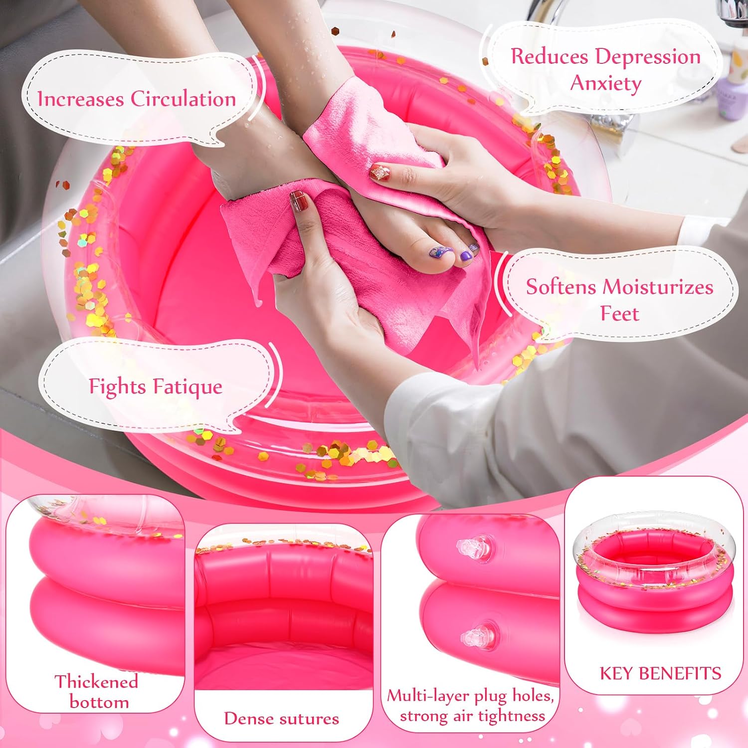 Fanfanwin 12 Pcs Foot Spa Kit for Girls 13.8 x 13.8 x 6.7 Inch Inflatable Foot Care Portable Bath and 12 x 28 Inch Hand Towels Washbasin Salon Towels for Spa Party Sleepover Party Supplies, Rose Red