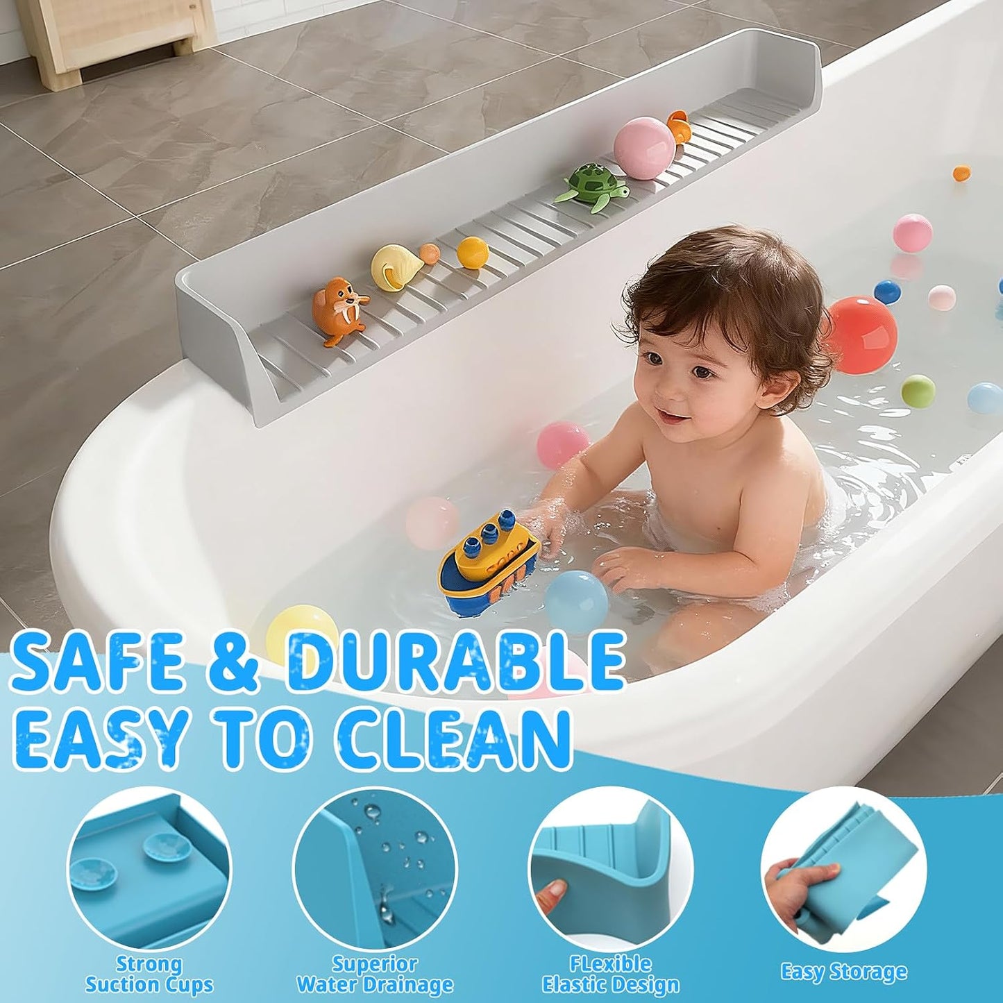 31-inch Silicone Bathtub Shelf with Strong Suction Cups | Extended Splash Guard & Toy Holder | Waterproof Bath Tub Organizer Tray to Prevent Spills, Matte Finish, Easy Storage