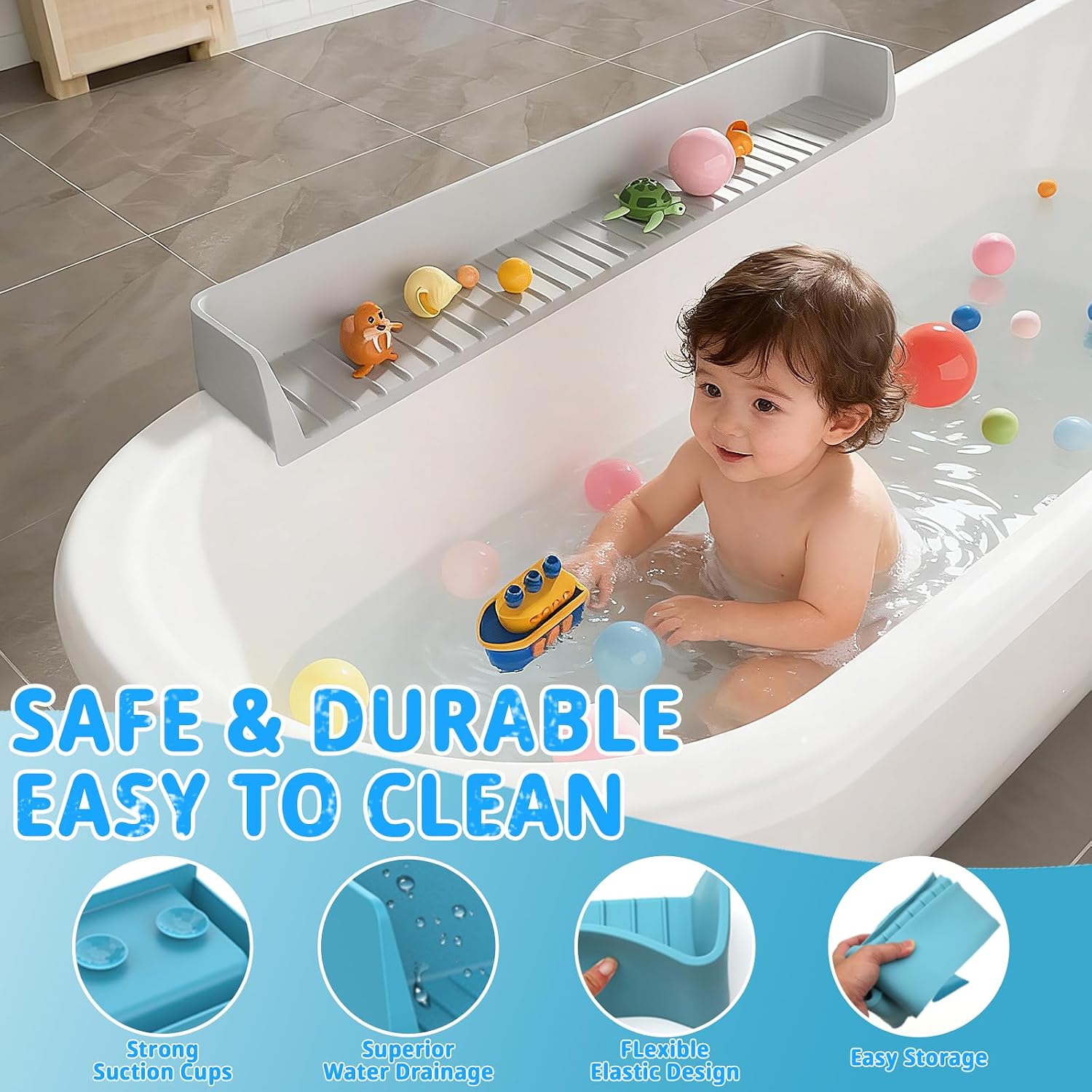 31-inch Silicone Bathtub Shelf with Strong Suction Cups | Extended Splash Guard & Toy Holder | Waterproof Bath Tub Organizer Tray to Prevent Spills, Matte Finish, Easy Storage