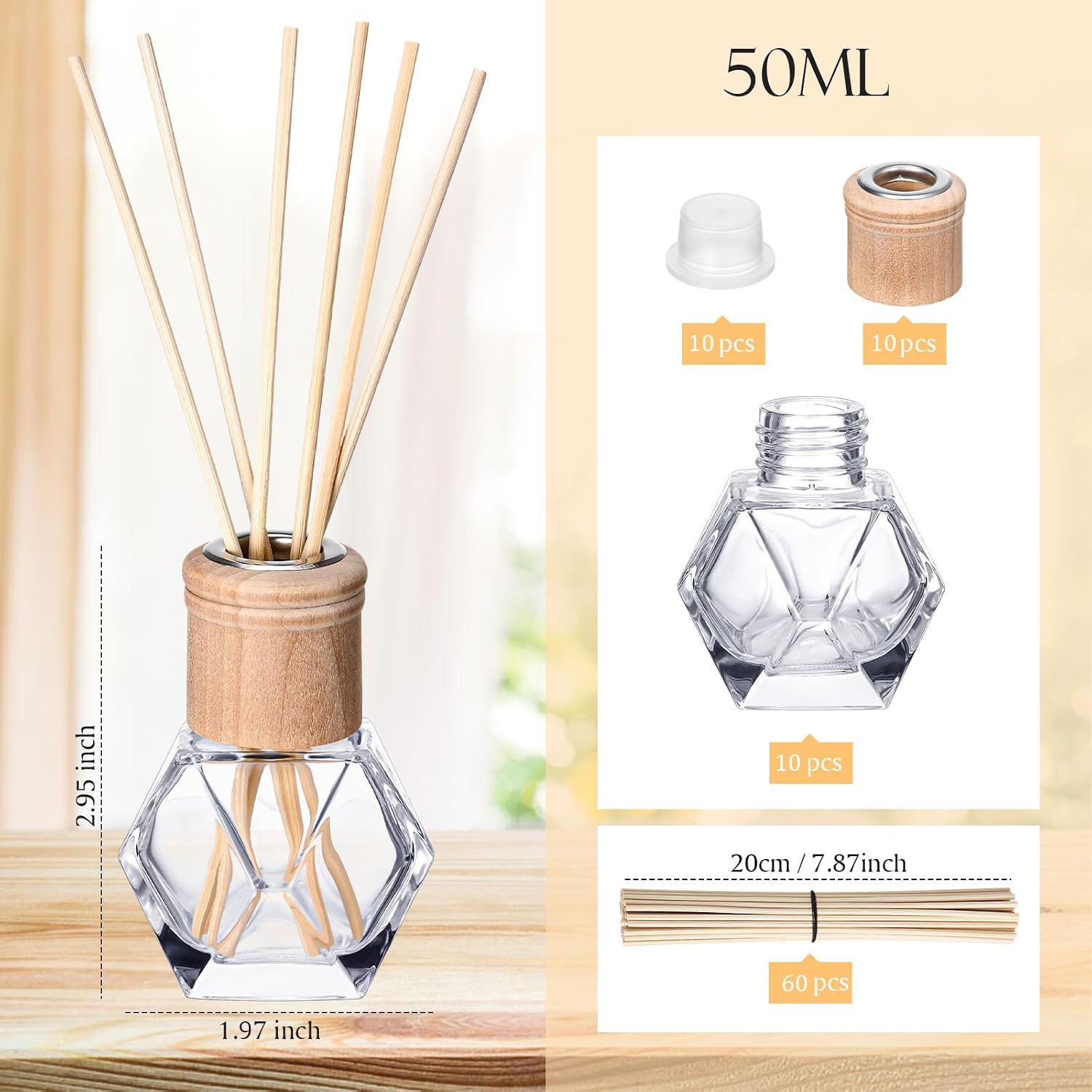 Roshtia 10 Set Reed Diffuser Bottle Empty Refillable Fragrance Glass Diffuser Bottles Set with Wooden Caps Rattan Sticks 50ml 1.7 oz Irregular Glass Jars for DIY Fragrance