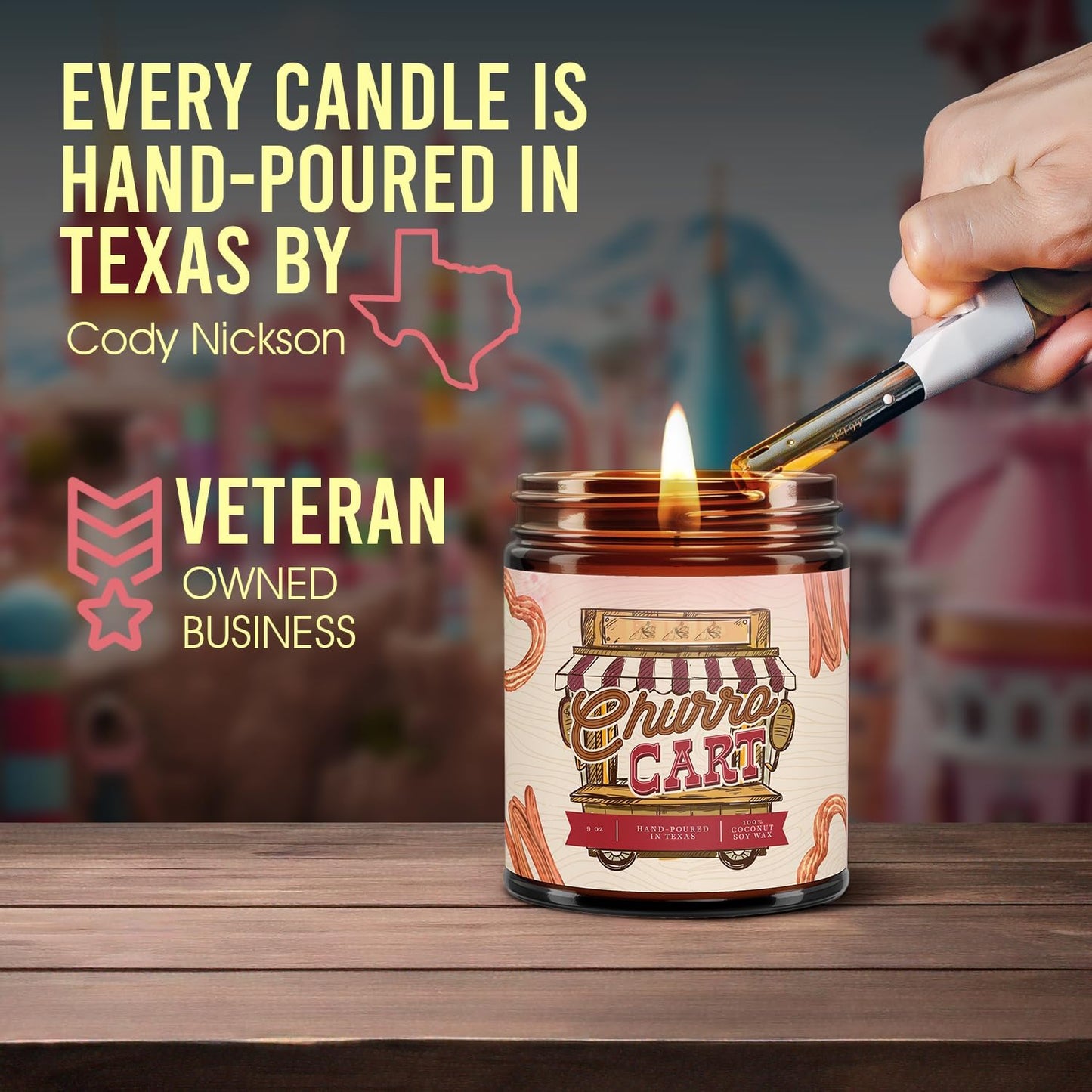 Fantaswick's Churro Cart Scented Candle | 100% Natural Coconut Soy Wax & Cotton Wick in Amber Candle Jar | Hand-Poured in Texas | 9oz