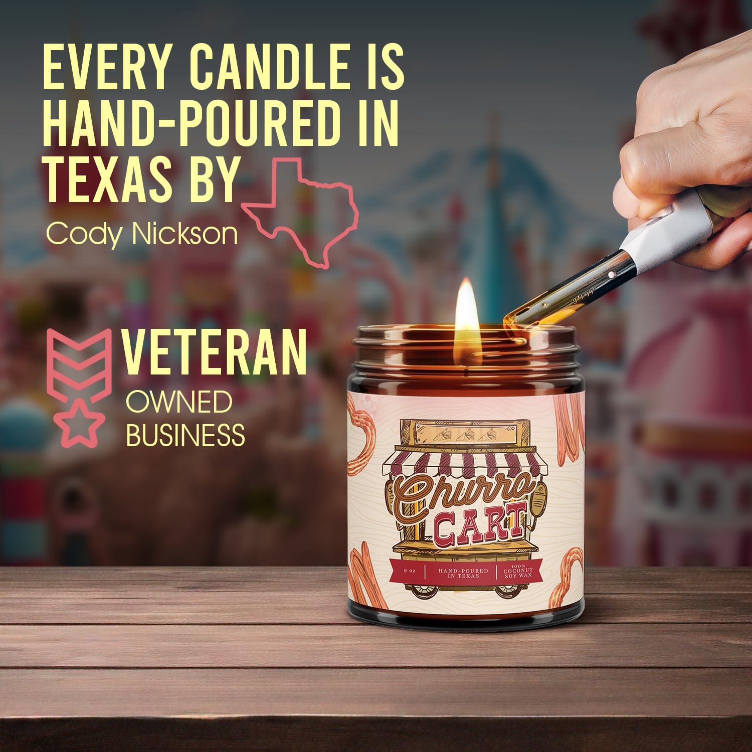 Fantaswick's Churro Cart Scented Candle | 100% Natural Coconut Soy Wax & Cotton Wick in Amber Candle Jar | Hand-Poured in Texas | 9oz