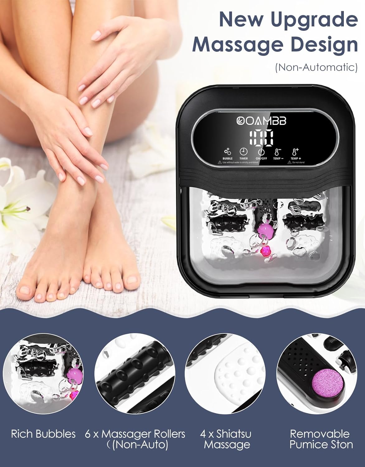 OOAMBB Collapsible Foot Spa with Heat, Bubble and Temp Control, Foot Bath Massager with XL Touch Screen and Massage Rollers, Foot Soaking Tub, Pedicure Foot spa for Stress Relief (Black)