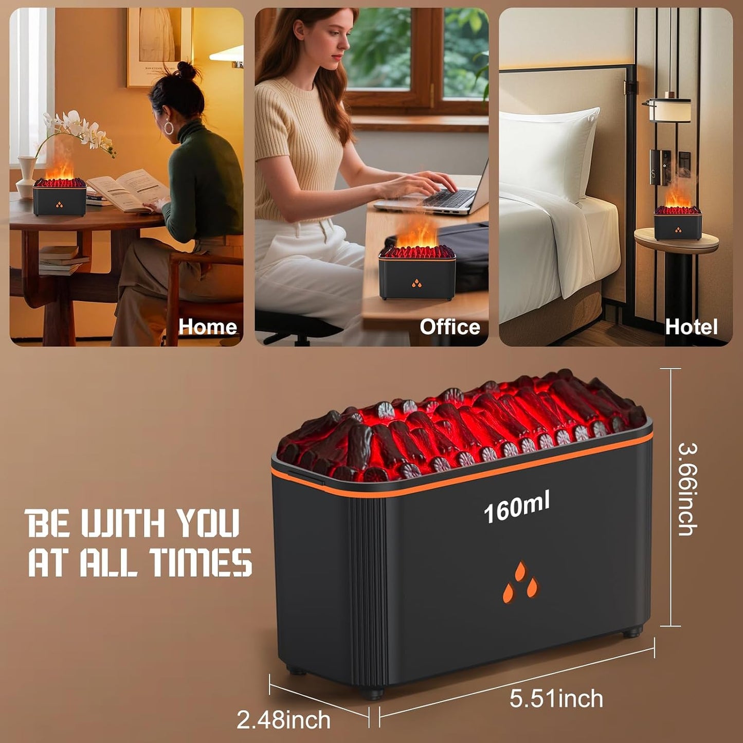 Aromatherapy Diffuser LtYioe Essential Oil Diffuser, Mini Wood-Burning Aroma Diffuser, 160 ML Ultrasonic Cool Mist Aromatherapy Humidifier，7-Colorful Light & Auto-Off, Whisper-Quiet Operation