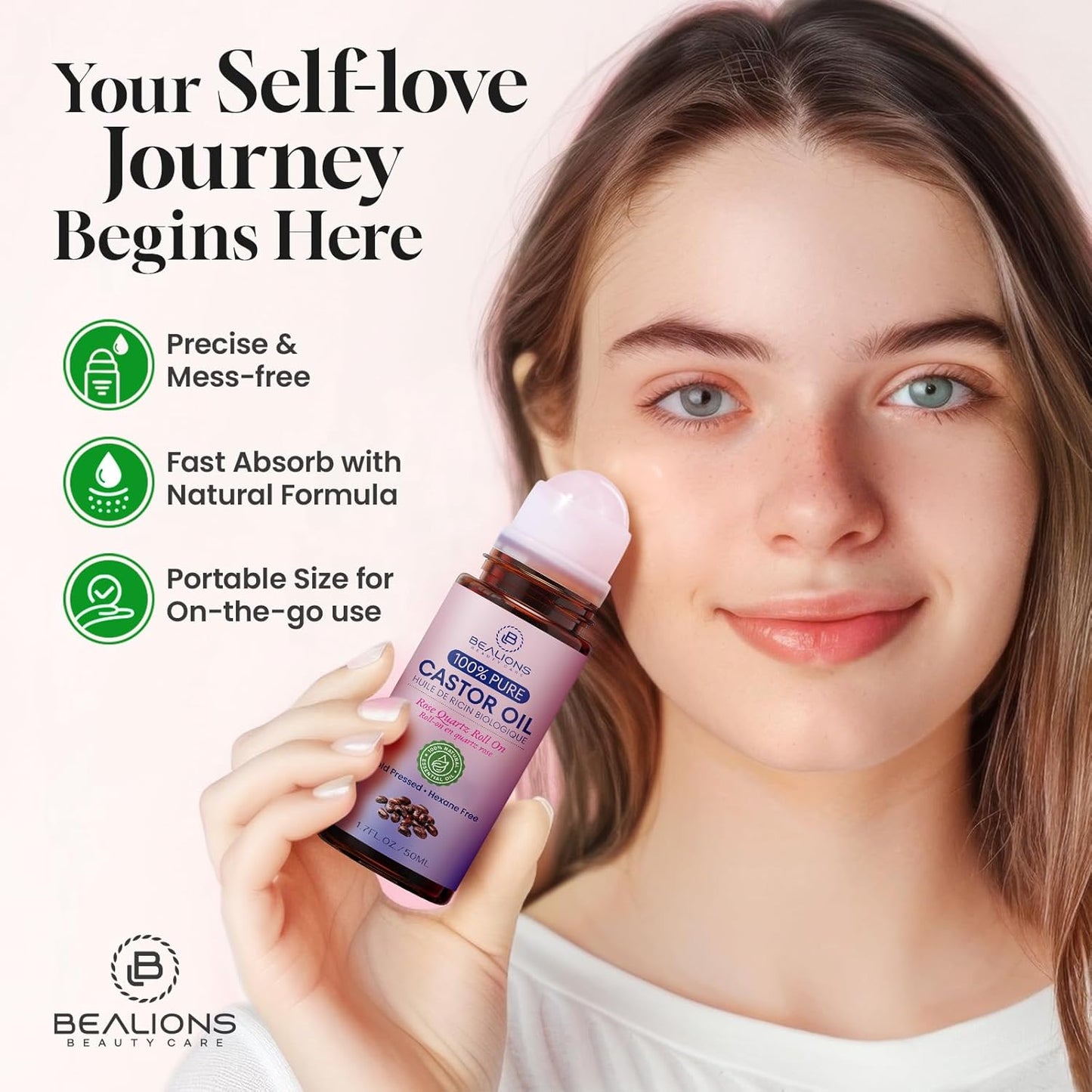 Bealions Organic Castor Oil Rose Quartz Roller Ball | Reduces Fine Lines, Wrinkles & Under-eye Puffiness, Promotes Thicker, Longer-looking Lashes and Brows, Gifts for Women 35+