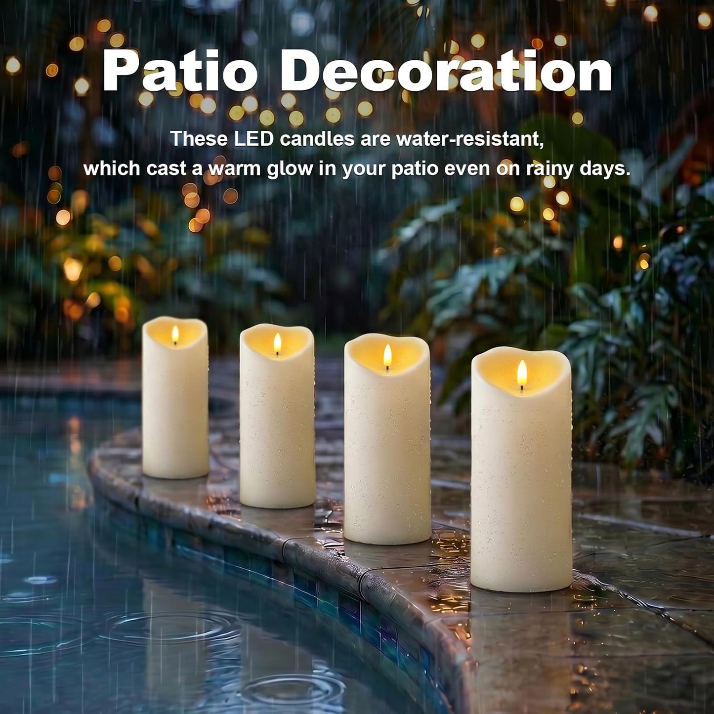 Amagic 4” x 9” Large Outdoor Waterproof Flameless Candles with Remote, Battery Operated Candles with Timer, Flickering Fake LED Pillar Candle for Patio Yard Porch Decor, Ivory White, Set of 2