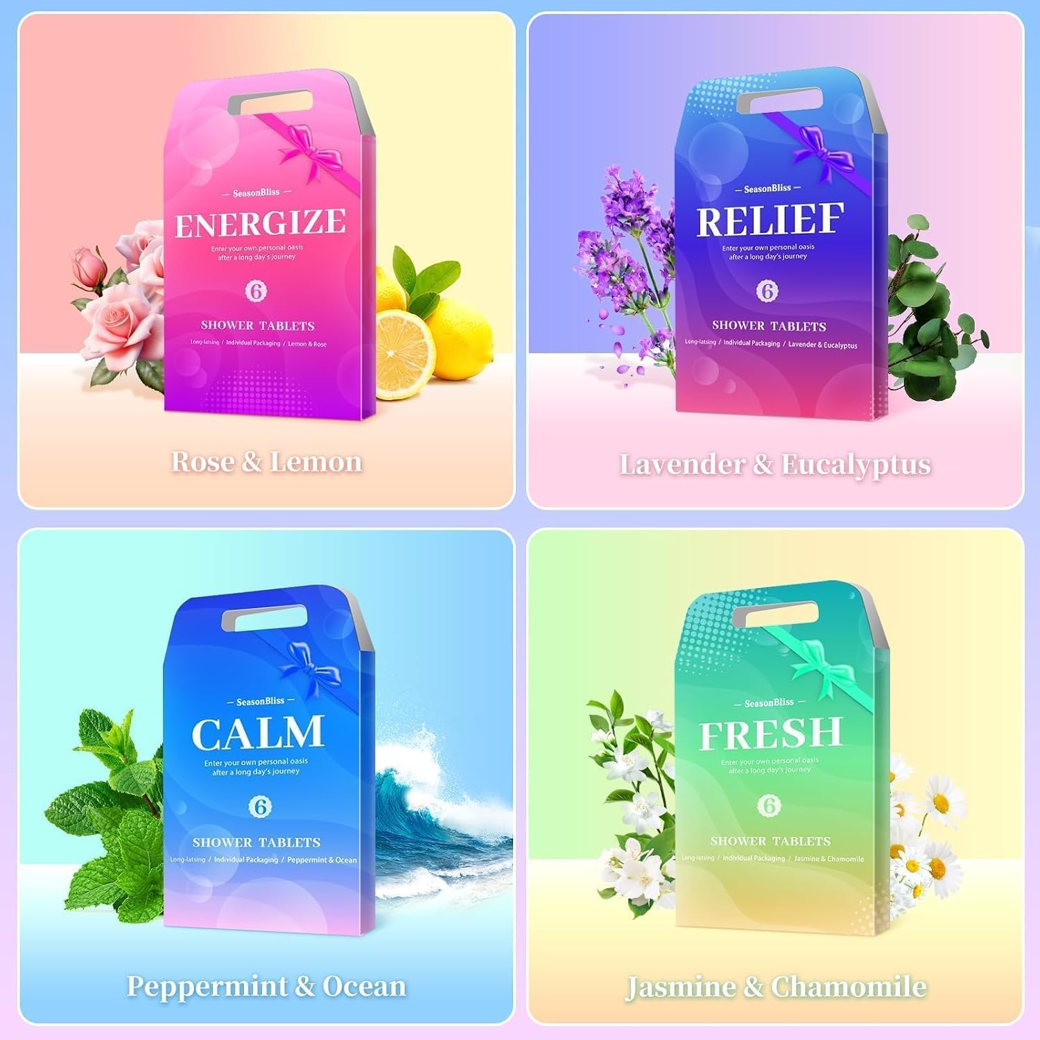 SeasonBliss Shower Steamers 24 Pack, Shower Tablets, Natural Ingredients, 8 Different Scents, Individually Wrapped Shower Steamer, Shower Steamers for Women
