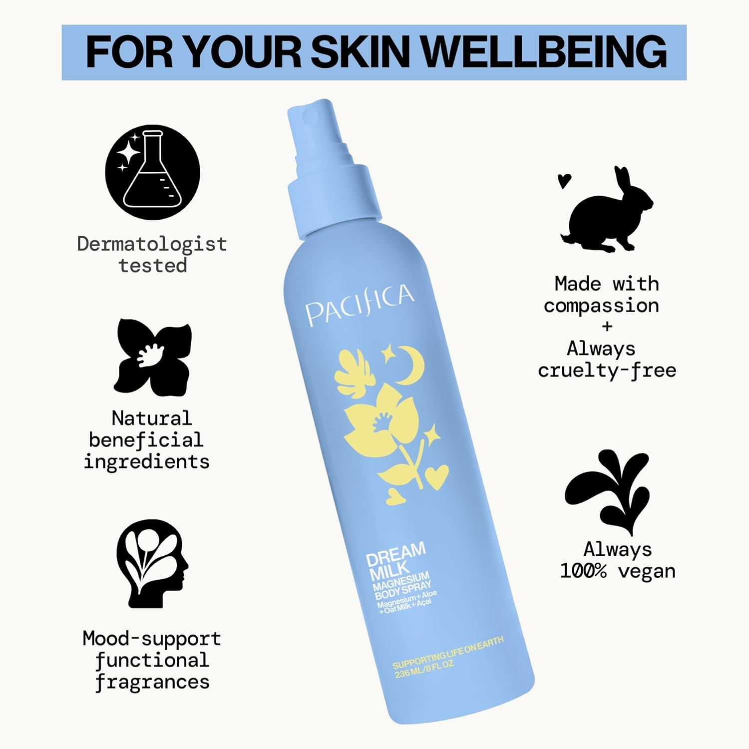 Pacifica Dream Milk Magnesium Spray for Sleep & Relaxation - Natural Magnesium Body Mist Infused with Lavender, Chamomile & Essential Oils, Vegan & Cruelty-Free, Clean Beauty, 8 fl oz