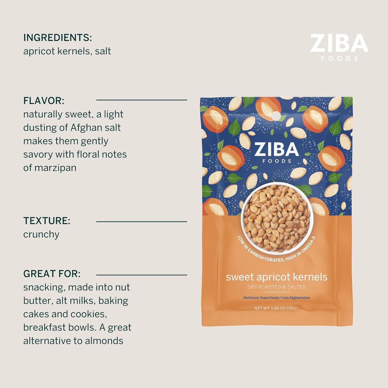 Ziba Foods Wild Grown Sweet Apricot Kernels | Non-GMO, Vegan, Whole 30 Friendly & Keto, Paleo, Dry Roasted Superseed | Wild Grown Superfood Naturally High In Vegan Protein and Omega 3s, Pack of 6