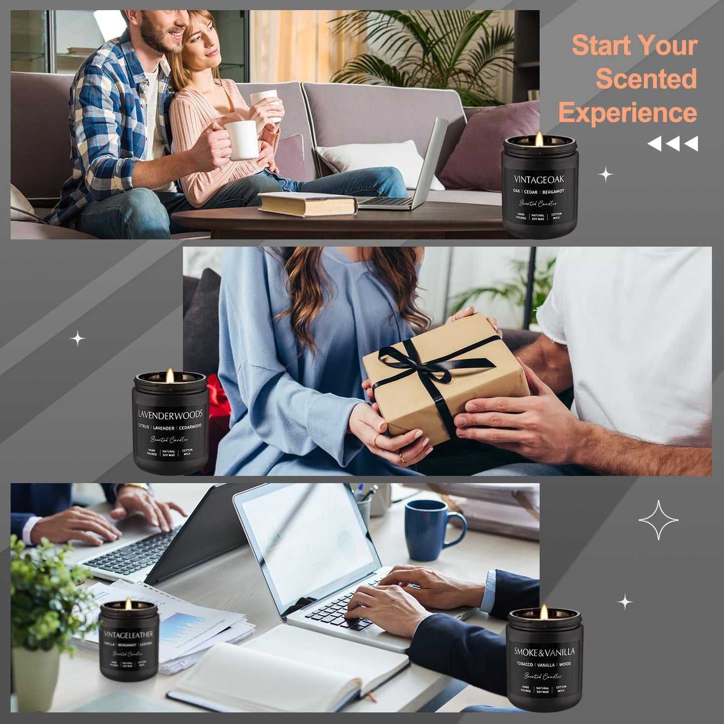 WPONSZU 4Psc Scented Candles Set,7oz Gifts for Men Aromatherapy,Soy Candle of Smokeless - Leather & Smoke, Vanilla Oakmoss, Lavender - Relaxing Fragrance for Home, Office, Yoga(Black)