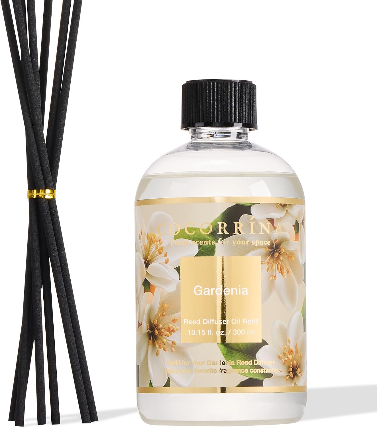 Cocorrína Reed Diffuser Refill Gardenia 10.2oz (300ml) with 8 Sticks - Premium Long-Lasting Floral Essential Oil, Home Fragrance for Bedroom, Bathroom Home Decor