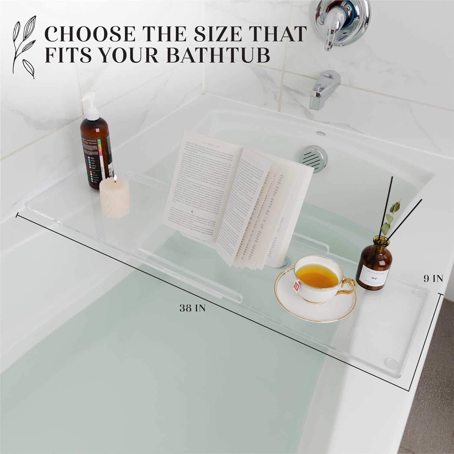 38" Classic-Clear Bathtub Tray Caddy Tub Shelf, Spa Board Luxury Bathroom Bath tub Table, Waterproof Acrylic Tub Caddy Fits Across Bathtub, Book Rack, iPad, Easy To Clean (38")