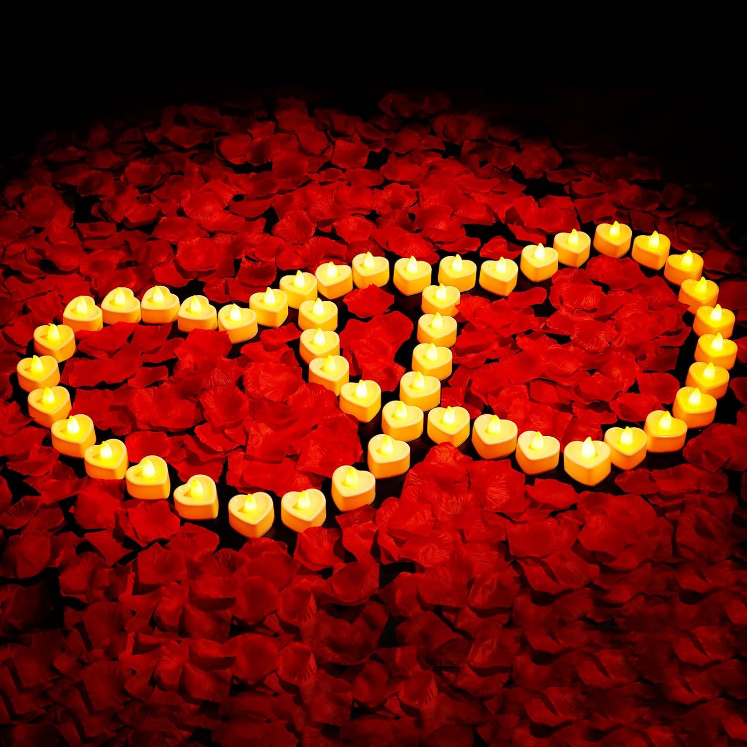 3000 Pcs Artificial Rose Petals with 48 Pcs Heart Flameless Candles Battery LED Tea Lights Candles Set Valentine's Day Wedding Anniversary Decoration