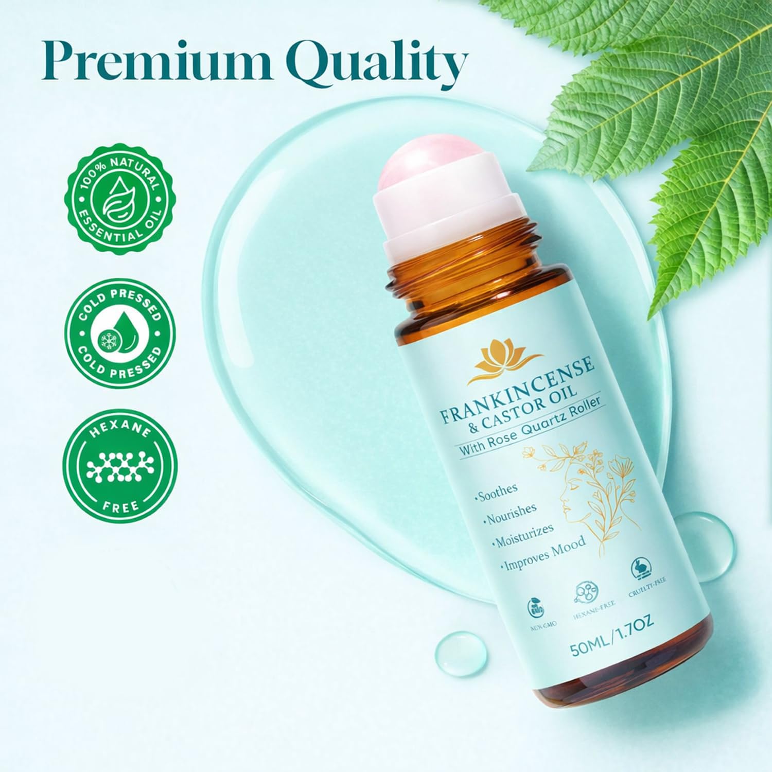 Castor Oil and Frankincense Roll On – Rose Quartz Roller Ball, Organic Cold Pressed Castor Oil for Eyebrows, Face & Neck, Firms Skin Feel Soft Smooth & Brightens Eyes, 1.7 fl oz