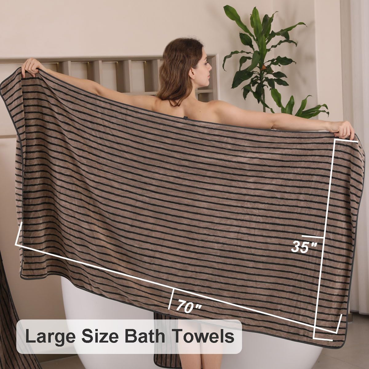 8 Pcs Polyester Brown Cabana Stripe Large Bath Towel Set-2 Bathroom Towels,2 Hand Towels,4 Washcloths Lightweight 600GMS Bath Sheet Absorbent Shower Towel Quick Dry Beach Chair Spa Gym Hotel Towels