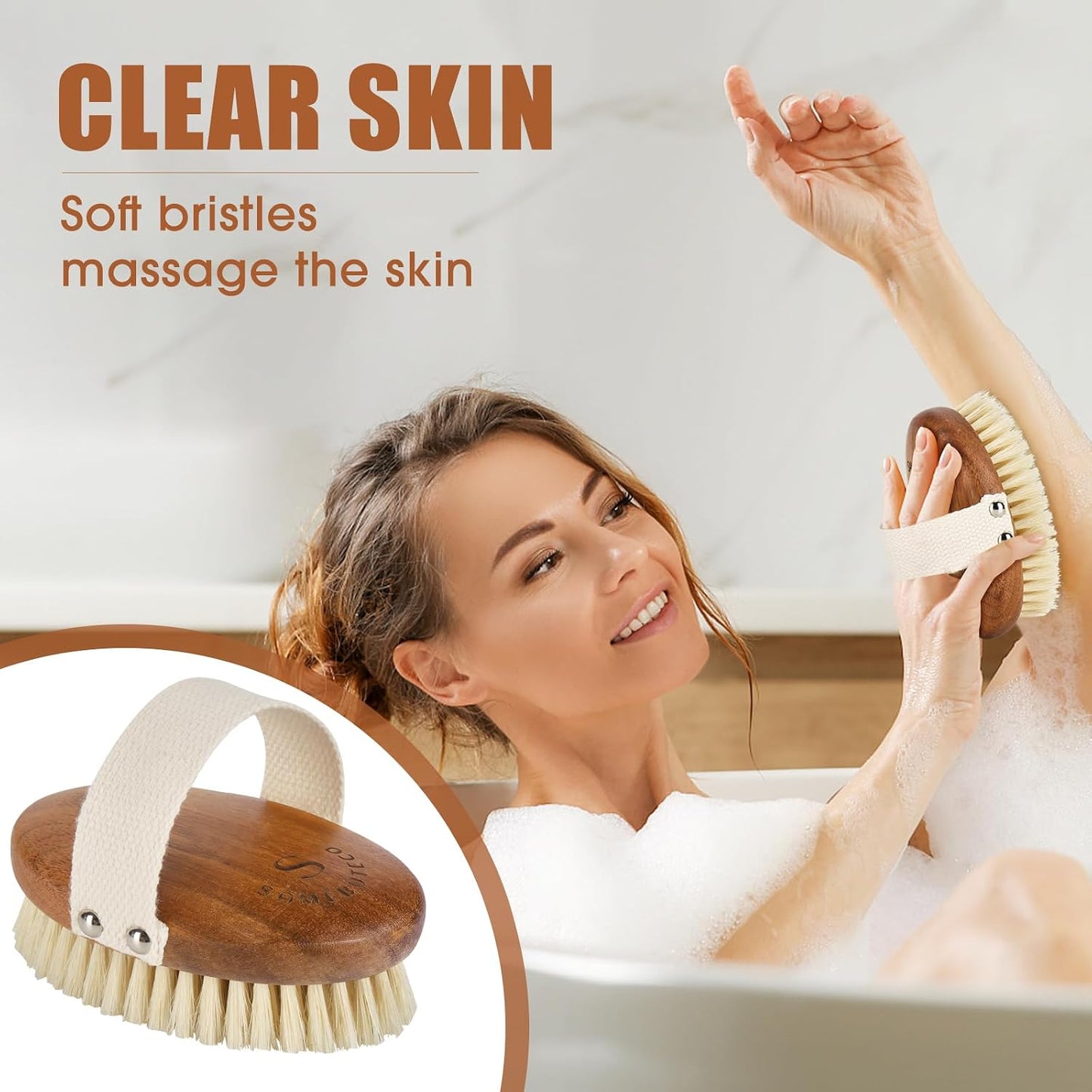 SAMEBUTECOBody Brush Solid Acacia Wood Boar Long Bristles Bath Brush for Skin Exfoliation,Lymphatic Drainage Improvement Oval Shape Dry Brush Comfort to Hold Works