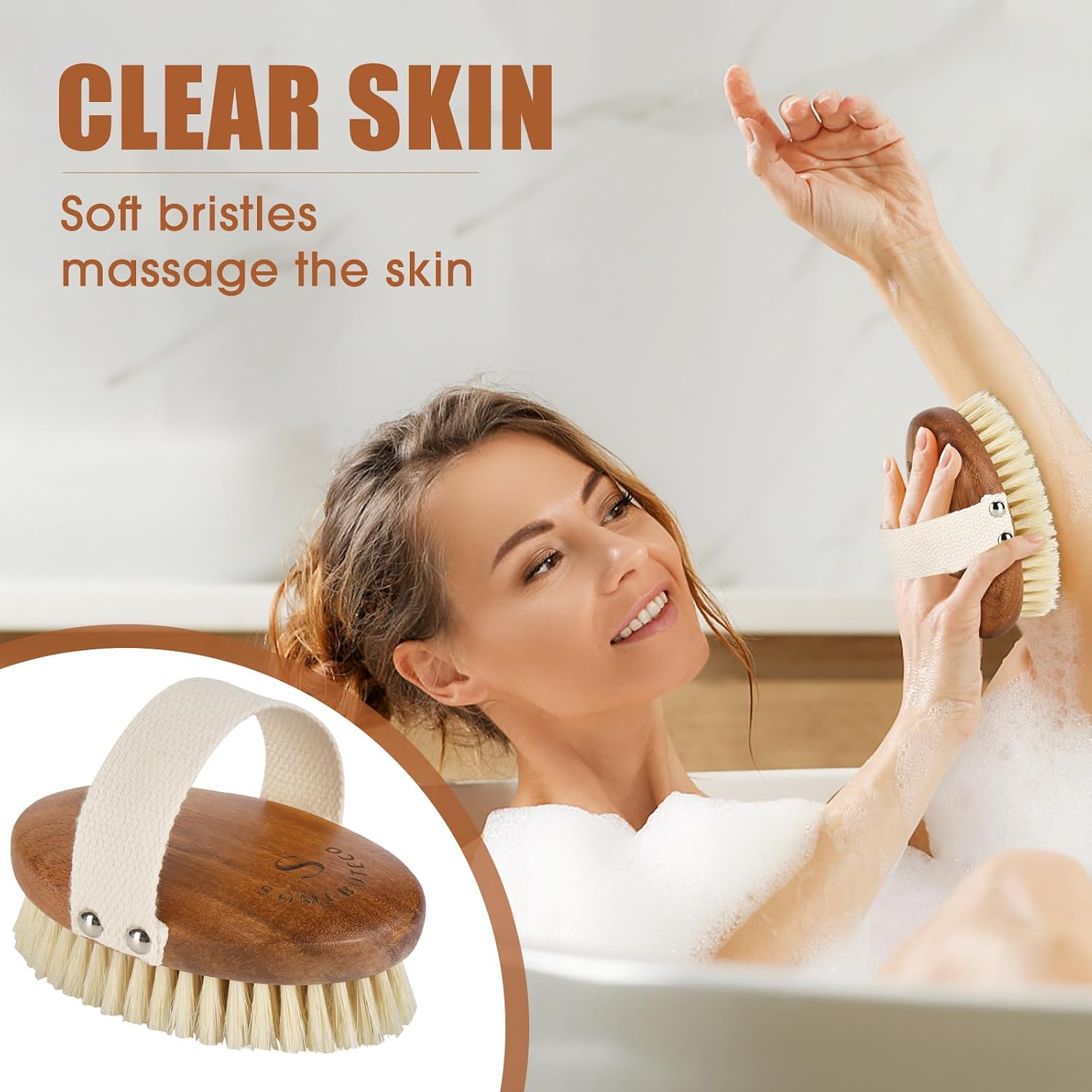 SAMEBUTECOBody Brush Solid Acacia Wood Boar Long Bristles Bath Brush for Skin Exfoliation,Lymphatic Drainage Improvement Oval Shape Dry Brush Comfort to Hold Works