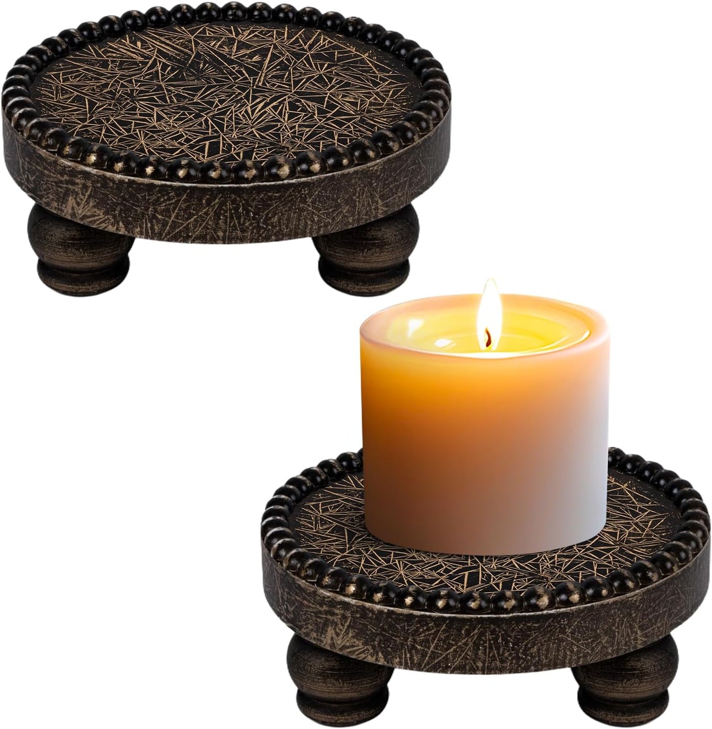 Farmhouse Round Wood Tray Riser, Pedestal Stand with Beaded Edge, Rustic Wooden Candle Trays Decor for Tiered Tray, Candle, Mug Display Decorative, Table Centerpiece, Black Gold