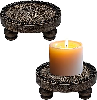 Farmhouse Round Wood Tray Riser, Pedestal Stand with Beaded Edge, Rustic Wooden Candle Trays Decor for Tiered Tray, Candle, Mug Display Decorative, Table Centerpiece, Black Gold