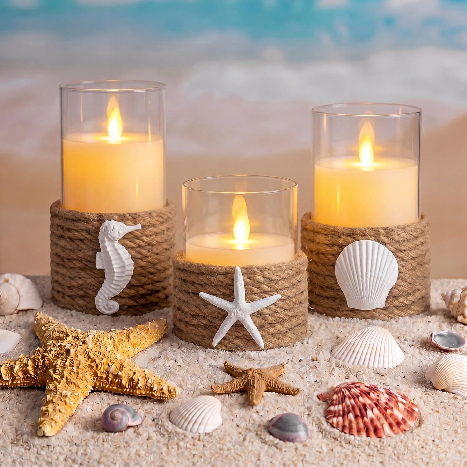 Baquler 3 Pcs Beach Starfish Flameless Plastic LED Battery Candle with Rope Farmhouse Nautical Gradient Candle Seashell Seahorse Decorative Candlestick for Coastal Wedding Party Table Centerpieces