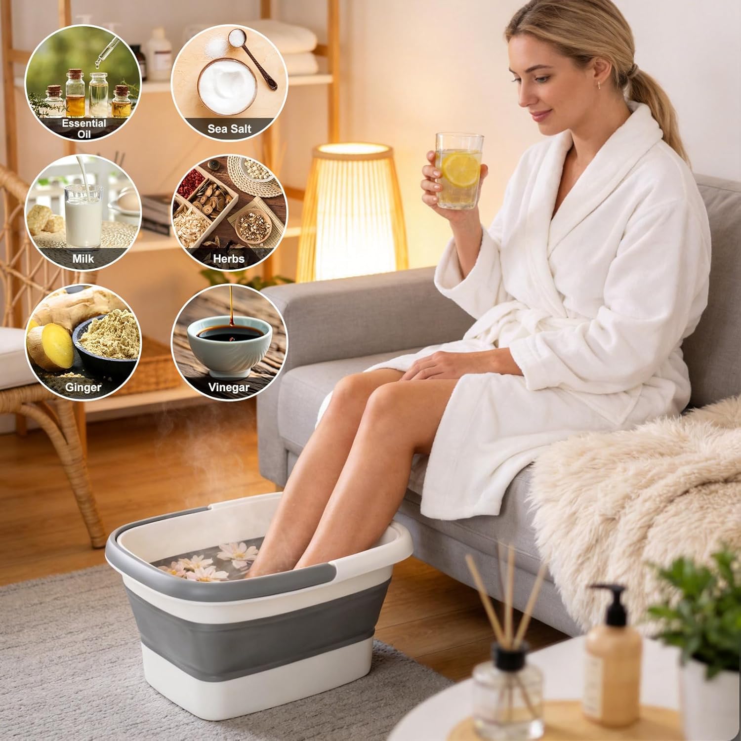 Collapsible Foot Bath Soak Tub with Massage Acupoints, 15L Foot Soaking Tub Feet Massager for Spa Health Care Pedicure, Plastic Wash Basin Foot Bucket with Handle for Trip Camping, Gifts for Women Men