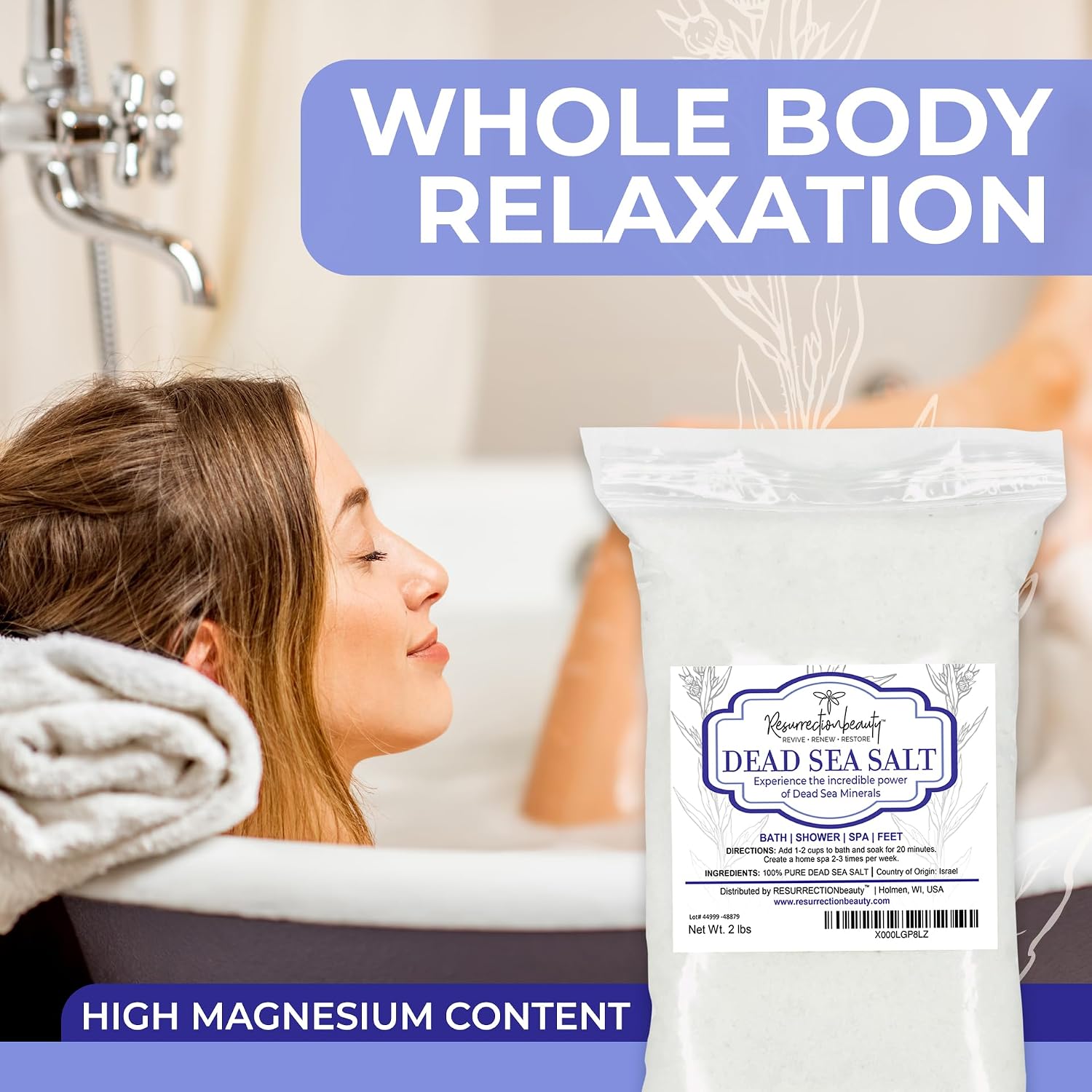 RESURRECTIONbeauty 100% Pure Dead Sea Salt, Bulk Bath Salts for Home Spa & Salt Scrub, Bath & Foot Soak, 2 lb