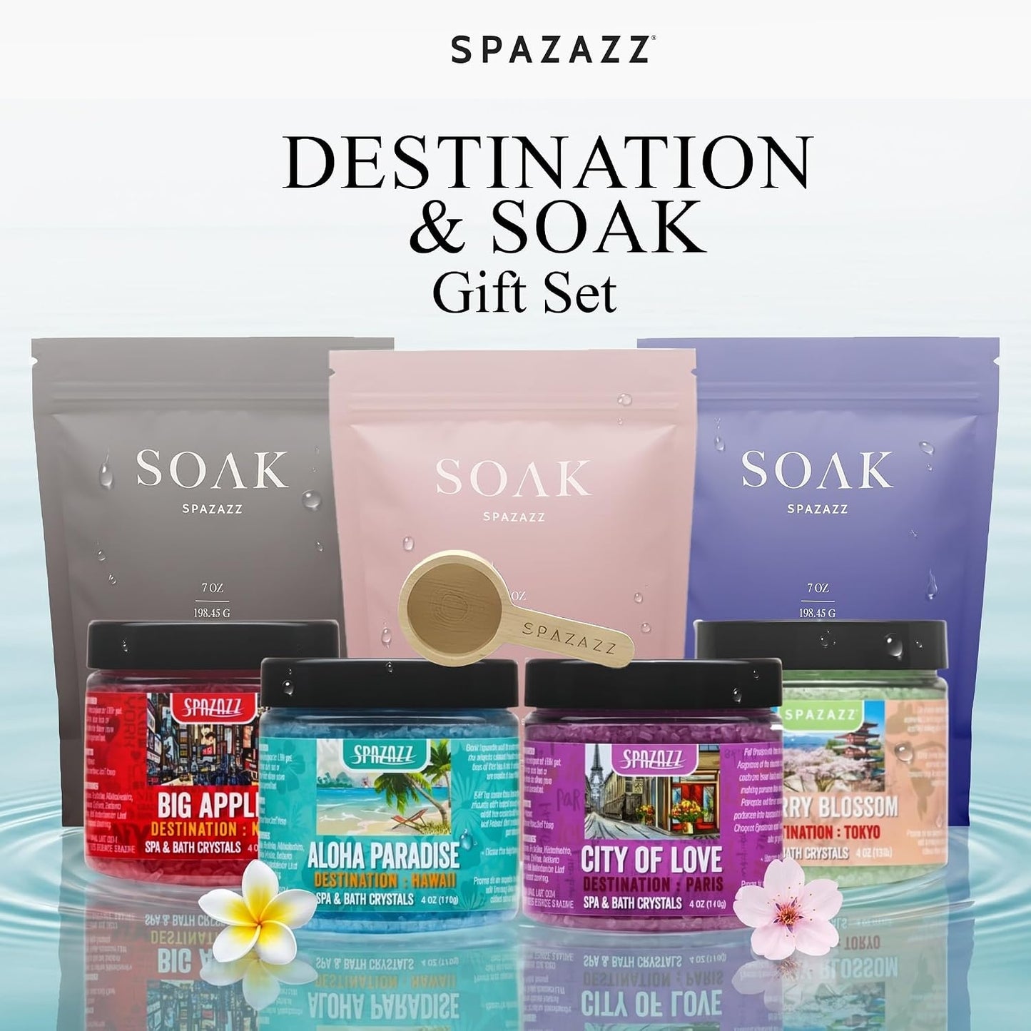 Spazazz Gift Bundle Set – 7oz Aromatherapy Mineral Bath Soak Variety & 4oz Destination Collection Bath Salts, Tumbler, Straws, Bath Salt Scoop & Mini Beach Ball – Relaxation Spa Gift Box Set
